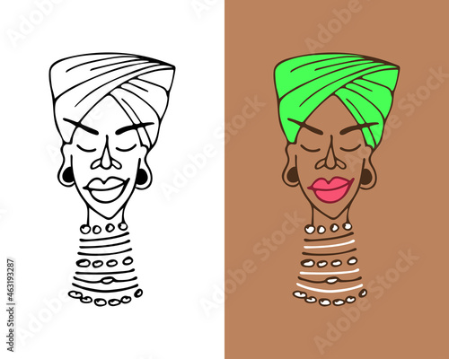 Beautiful African American girl in a turban and beads on a long neck. Portrait of a dark-skinned woman with big smiling lips. Female face in black and white contour doodle style and in color.