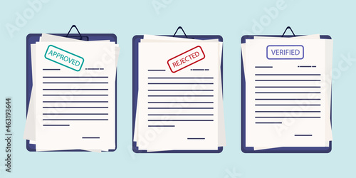 Approve or rejected form. Set of confirmed, decline and verified documents. Page, report, checklist, or task with stamp and label. Approval, validate request form on clipboard. Vector illustration