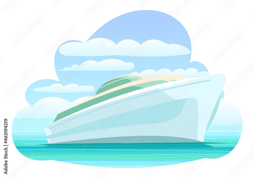 Ocean yacht. A modern multi tiered luxury vessel. Large passenger ship. Flat style. Calm blue sea. Composition in form of cloud. Isolated on white background. Vector.