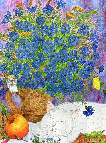 White cat, angel and a bouquet of cornflowers. Watercolor and ink illustration. Cute illustration for the decor and design of posters, postcards, prints, stickers, invitations, textiles and stationery
