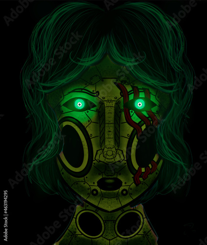 the alien in the mask, mecha girl face, metal girl wit flat face