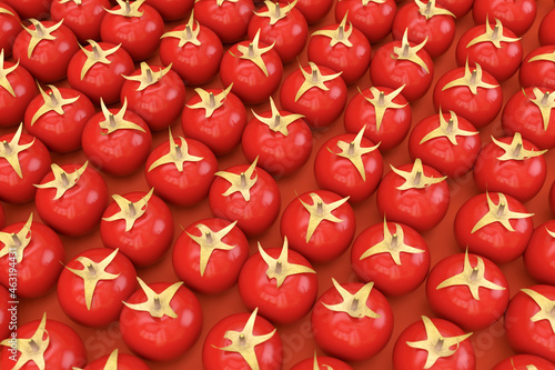 Huge amount of red tomatoes on a red isolated background. Red ripe tomatoes lie next to each other. 3D realistic models of tomatoes. 3D graphics, close-up photo