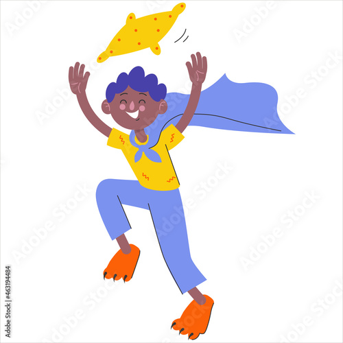 A boy at a pajama party. Pillow fights. Flat characters celebrating holiday. Children having fun at pajama. Vector illustration