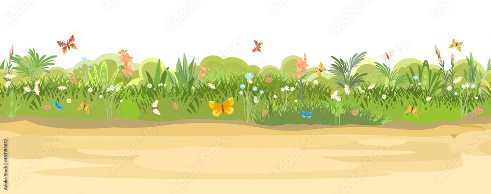 Obraz premium Rural road to Green Glade. Summer flower meadow. Trail. Juicy grass close up. Grassland. Country trip. Isolated. Cartoon style. Flat design. Seamless illustration vector art