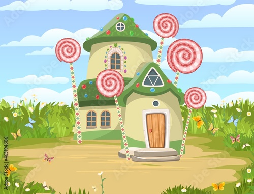 Candy hut. On meadow sand glade. Sweet caramel fairy house. Summer cute landscape. Illustration in cartoon style flat design. Picture for children. Vector