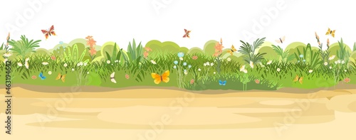 Rural road to Green Glade. Summer flower meadow. Trail. Juicy grass close up. Grassland. Country trip. Isolated. Cartoon style. Flat design. Seamless illustration vector art