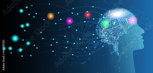 Abstract human head with a line brain network.circle and electricity with blue electronic cycle.Digital data,ai,ascience.Vector Technology background and Artificial intelligence concept.