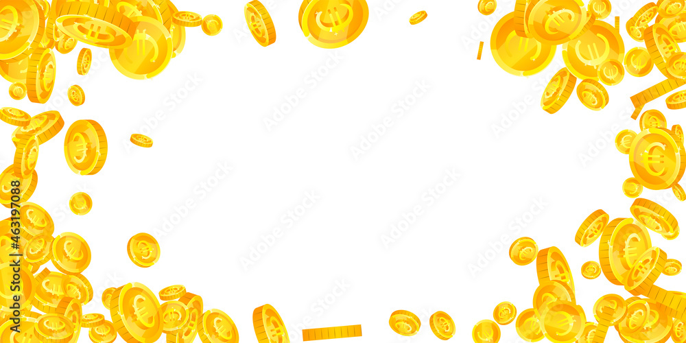 European Union Euro coins falling. Lively scattered EUR coins. Europe money. Charming jackpot, wealth or success concept. Vector illustration.