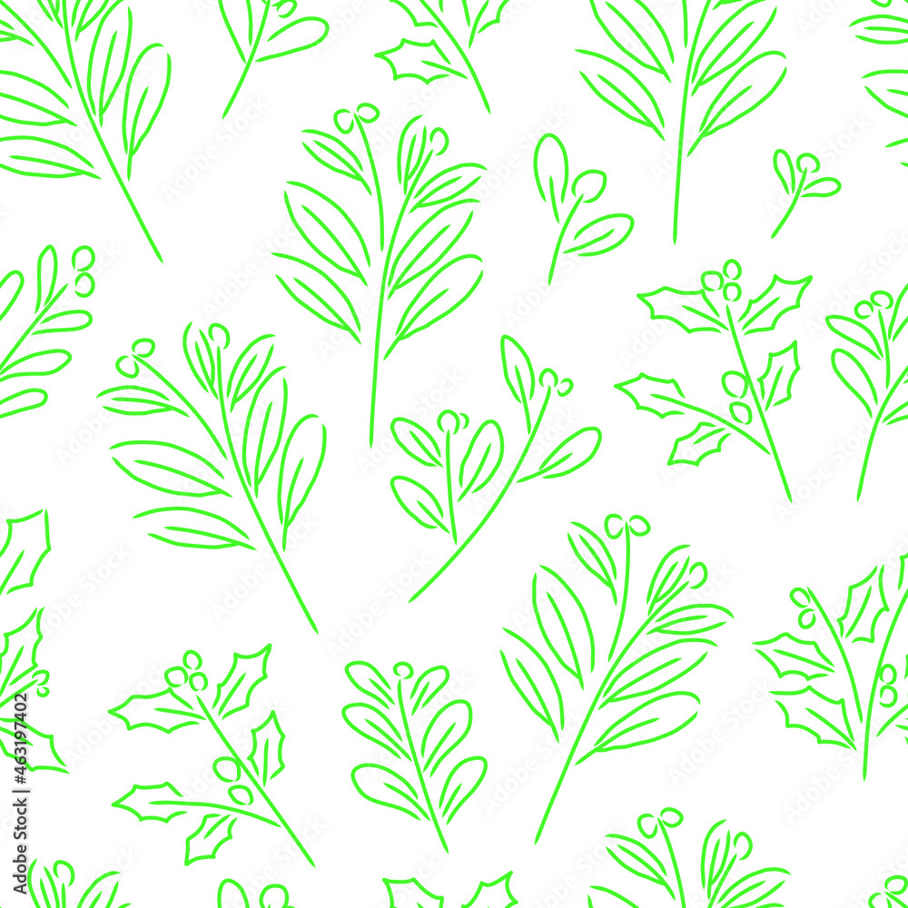 Pattern set collection of line-art hand drawing Christmas decoration, Holly, Mistletoe, Firs, Poinsettia