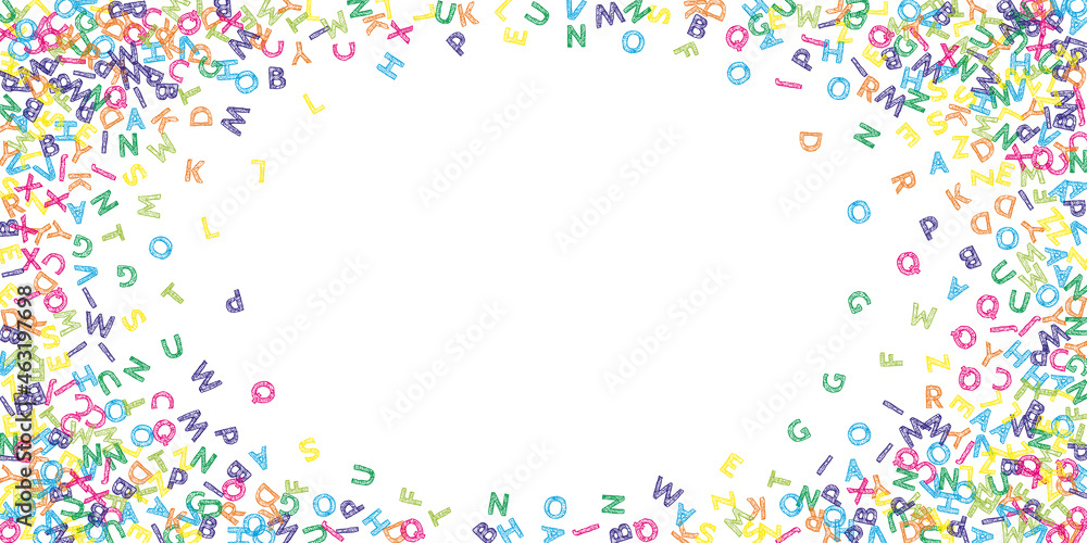 Falling letters of English language. Colorful sketch flying words of Latin alphabet. Foreign languages study concept. Gorgeous back to school banner on white background. Falling letters of English language. Colorful sketch flying words of Latin alphabet. Foreign languages study concept. Gorgeous back to school banner on white background.