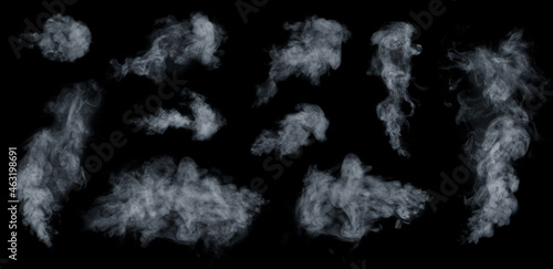Fog or smoke, steam, vapor set isolated on black background. White cloudiness, mist or smog background.