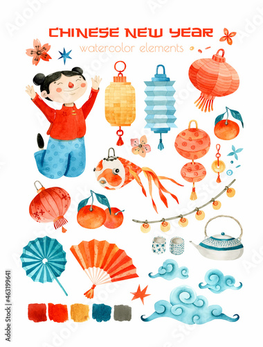 Chinese New Year celebration watercolor elements set 