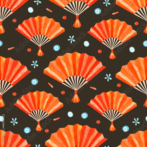 Watercolor Asian fans seamless pattern on dark background