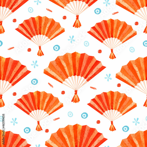Watercolor Asian fans seamless pattern 