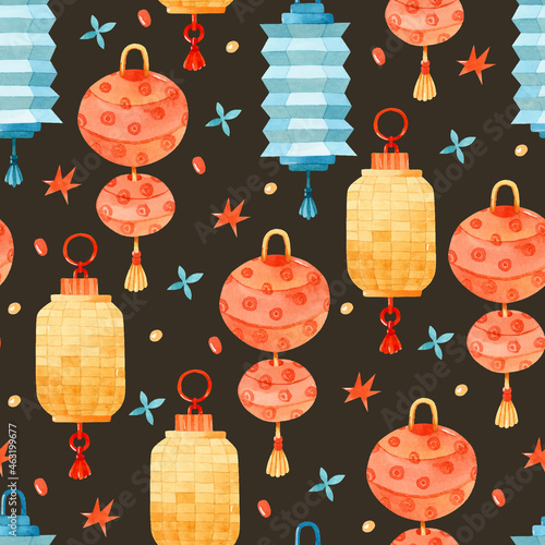 Asian colorful paper lanterns watercolor seamless pattern 