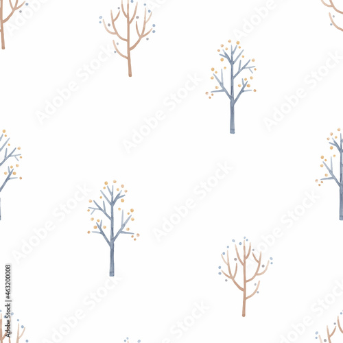 Beautiful vector winter seamless pattern with hand drawn watercolor cute trees. Stock illustration.