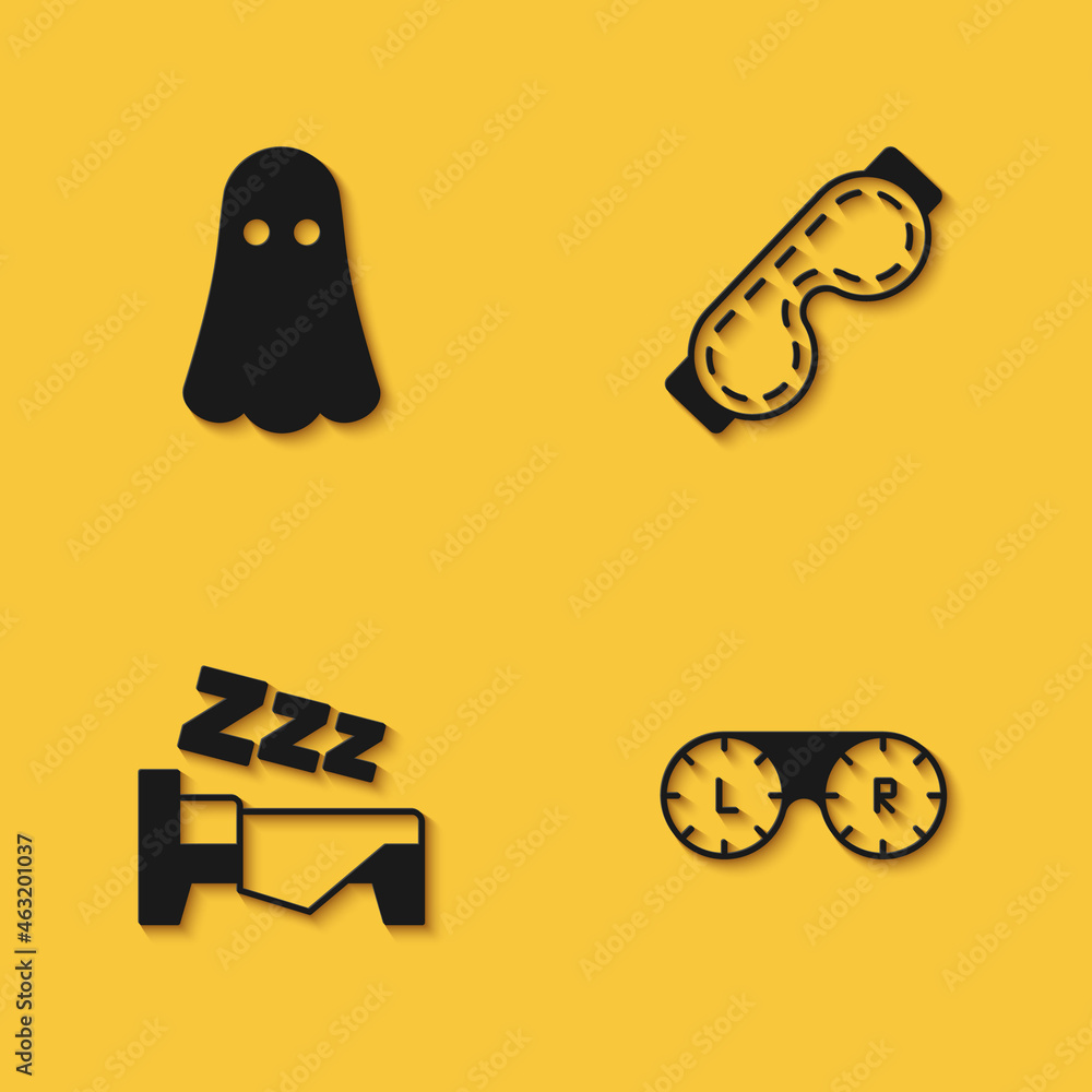 Set Ghost, Contact lens container, Time to sleep and Eye mask icon with long shadow. Vector Set Ghost, Contact lens container, Time to sleep and Eye mask icon with long shadow. Vector