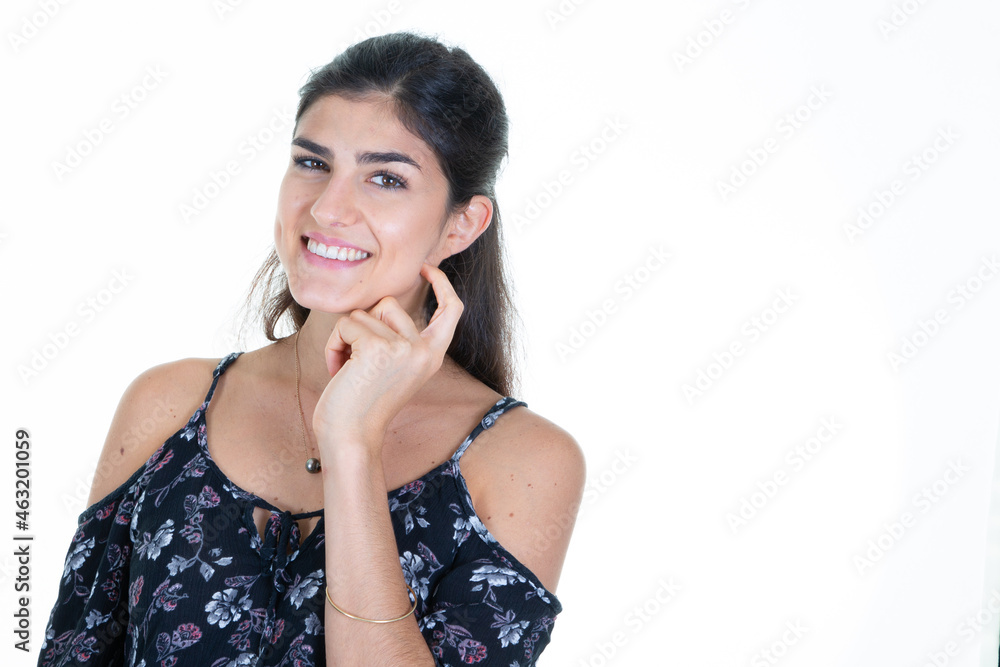 pretty woman portrait brunette girl over isolated white background smiling hand on chin face pretty woman portrait brunette girl over isolated white background smiling hand on chin face