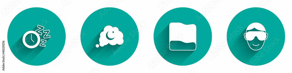 Set Alarm clock, Dreams, Pillow and Eye sleep mask icon with long shadow. Vector Set Alarm clock, Dreams, Pillow and Eye sleep mask icon with long shadow. Vector