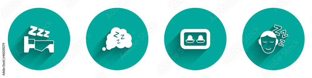 Set Time to sleep, Sleepy, Earplugs with storage box and Dreams icon with long shadow. Vector
