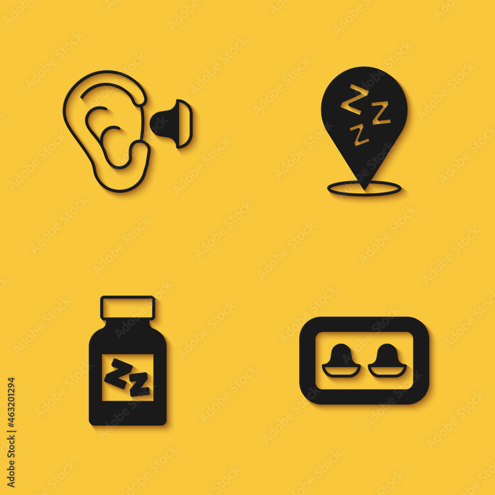 Set Earplugs and ear, with storage box, Sleeping pill and Sleepy icon with long shadow. Vector Set Earplugs and ear, with storage box, Sleeping pill and Sleepy icon with long shadow. Vector
