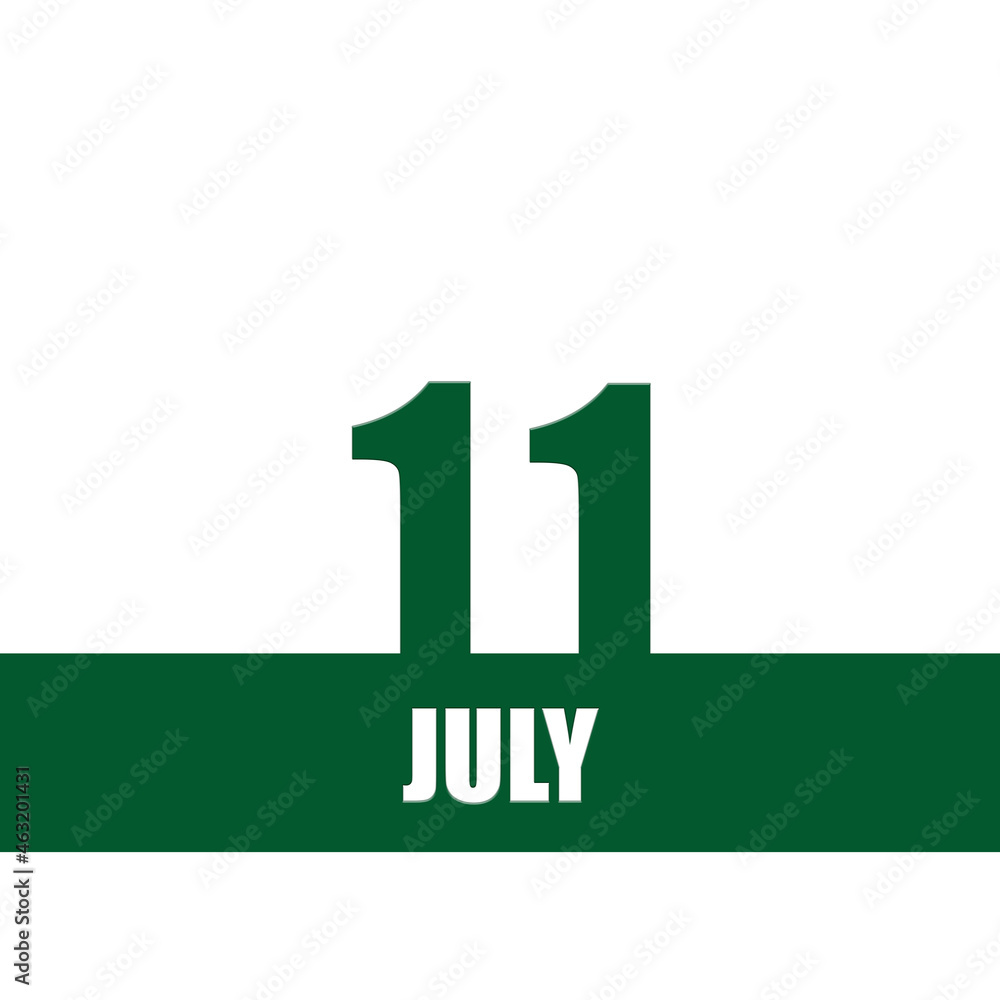july 11. 11th day of month, calendar date.Green numbers and stripe with white text on isolated background. Concept of day of year, time planner, summer month july 11. 11th day of month, calendar date.Green numbers and stripe with white text on isolated background. Concept of day of year, time planner, summer month