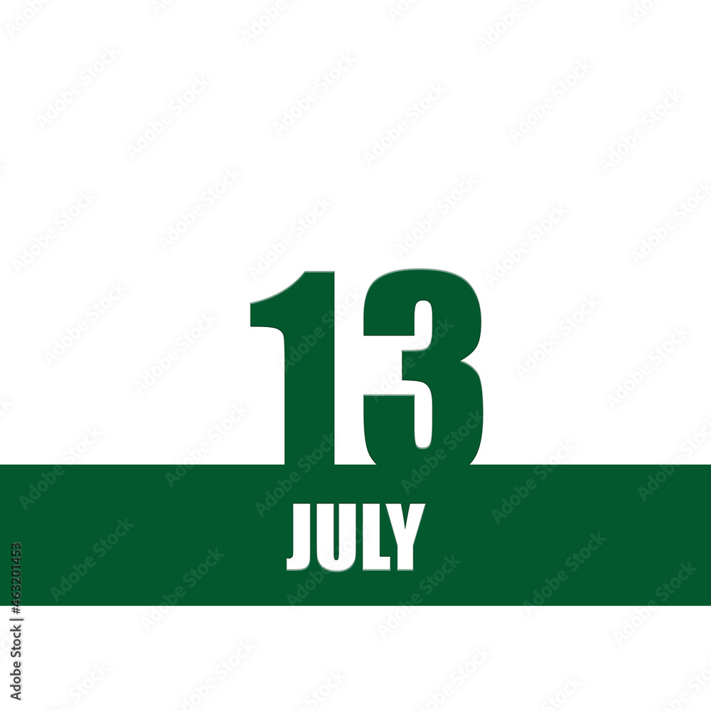 july 13. 13th day of month, calendar date.Green numbers and stripe with white text on isolated background. Concept of day of year, time planner, summer month july 13. 13th day of month, calendar date.Green numbers and stripe with white text on isolated background. Concept of day of year, time planner, summer month