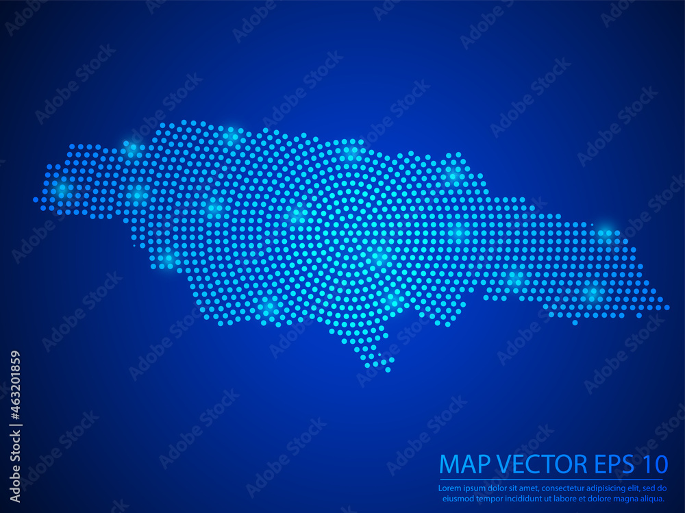 Obraz premium Abstract image Jamaica map from point blue and glowing stars on Blue background.Vector illustration eps 10.