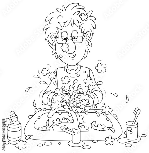 Funny young man with disheveled hair washing his hands in a sink of a bathroom, black and white outline vector cartoon illustration for a coloring book page