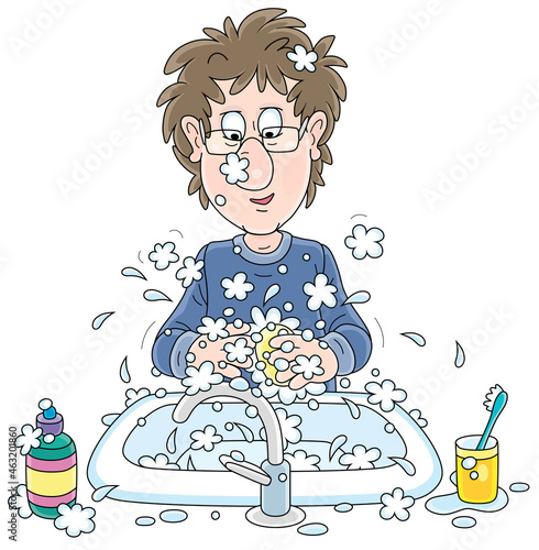 Funny young man with disheveled hair washing his hands in a sink of a bathroom, vector cartoon illustration on a white background