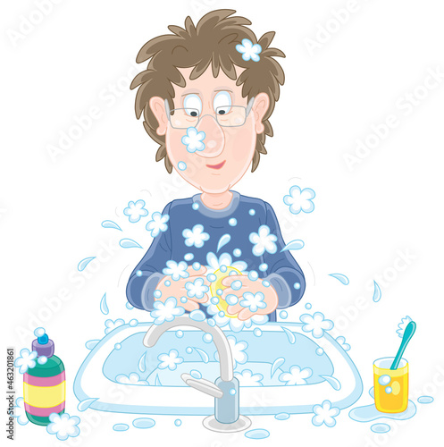 Funny young man with disheveled hair washing his hands in a sink of a bathroom, vector cartoon illustration on a white background