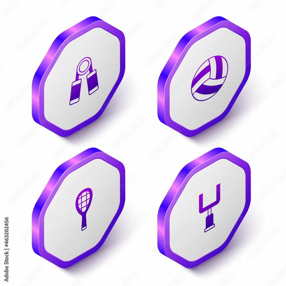 Set Isometric Sport expander, Volleyball ball, Tennis racket and American football goal post icon. Purple hexagon button. Vector