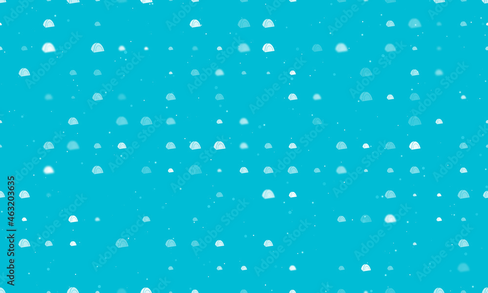 Seamless background pattern of evenly spaced white tourist tents of different sizes and opacity. Vector illustration on cyan background with stars