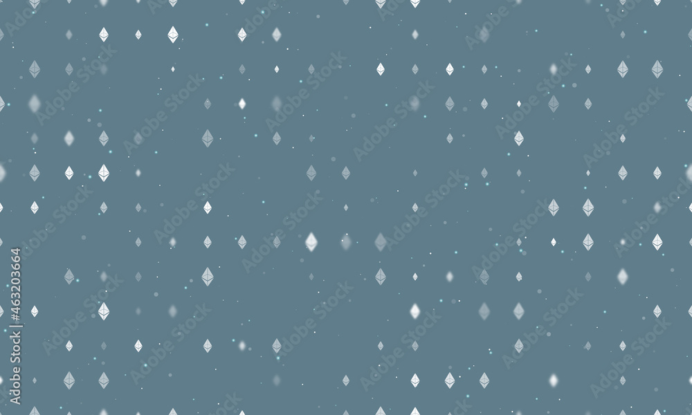Seamless background pattern of evenly spaced white ethereum symbols of different sizes and opacity. Vector illustration on blue gray background with stars