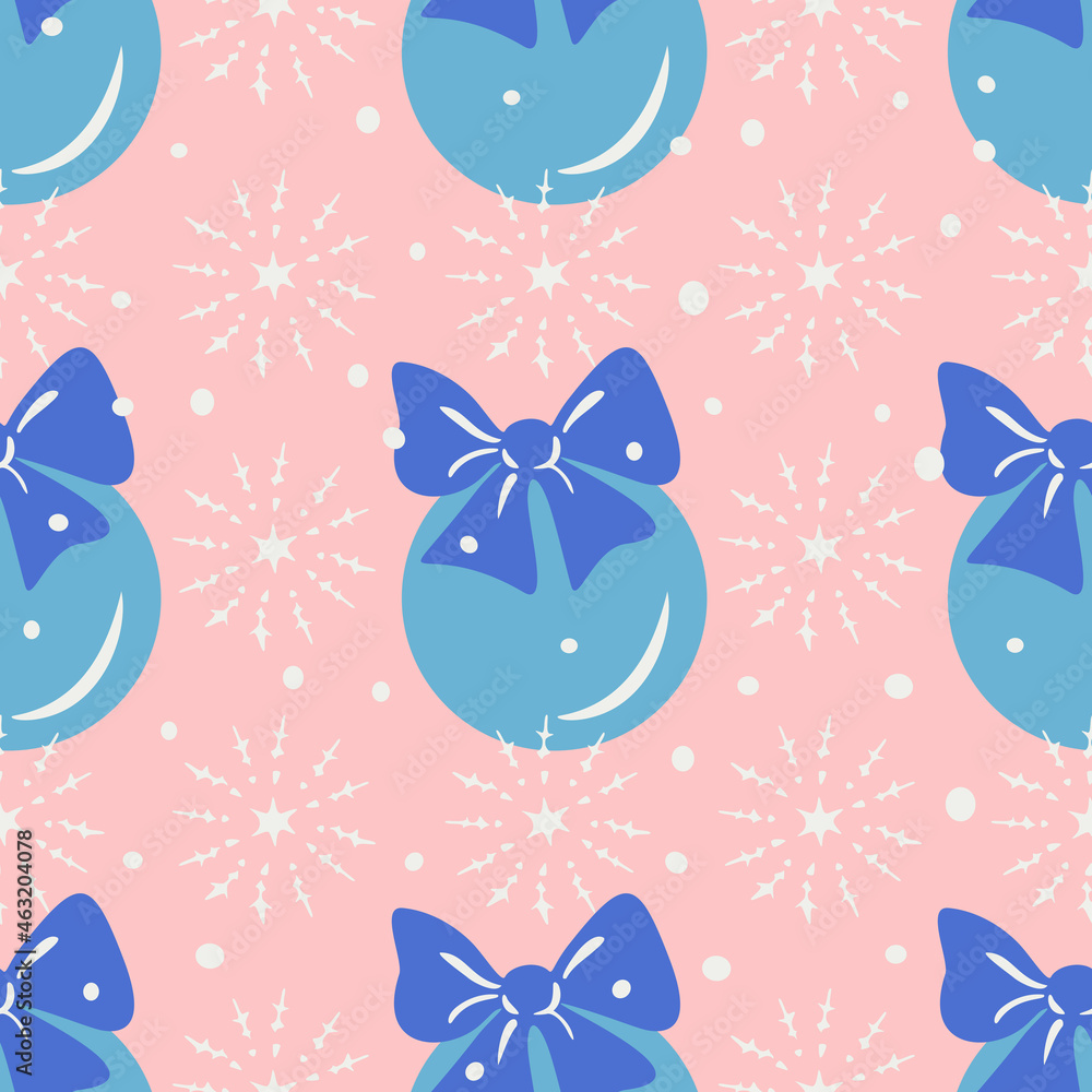 Vector seamless pattern with hand drawn Christmas balls and snowflakes. Design with blue Christmas balls on pink background. Vector seamless pattern with hand drawn Christmas balls and snowflakes. Design with blue Christmas balls on pink background.