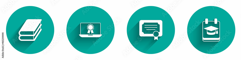 Set Book, Online education with diploma, Certificate template and icon with long shadow. Vector Set Book, Online education with diploma, Certificate template and icon with long shadow. Vector
