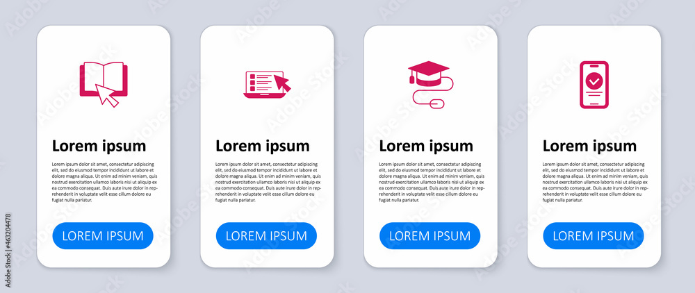 Set Online quiz, test, survey, Graduation cap with mouse, and book. Business infographic template. Vector Set Online quiz, test, survey, Graduation cap with mouse, and book. Business infographic template. Vector