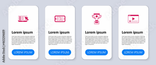Set Online play video, Award cup, education and quiz, test, survey. Business infographic template. Vector