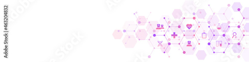 Medical background and healthcare technology with flat icons and symbols. Design template of concept and idea for health care business, innovation medicine, health safety, science.