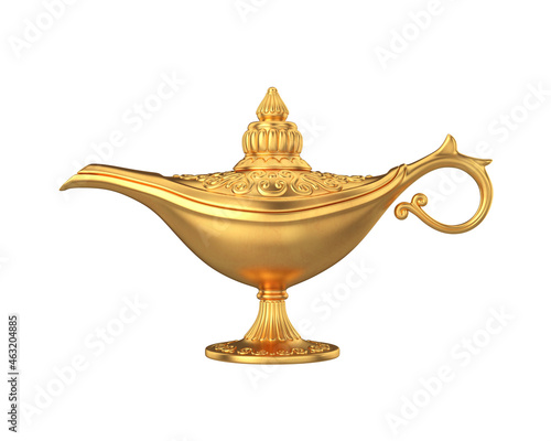 Golden magic lamp on a white background, 3d render photo