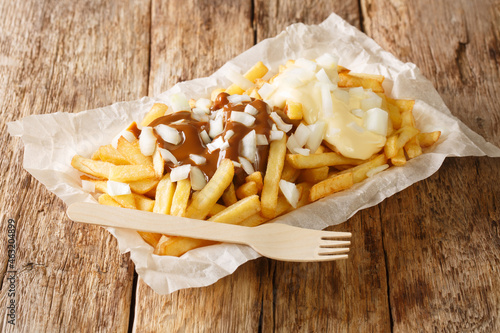 Dutch patatje oorlog means war chips and is a tasty combination of French fries, mayo, raw onions and Indonesian sauce сloseup in the plate on the table. Horizontal photo