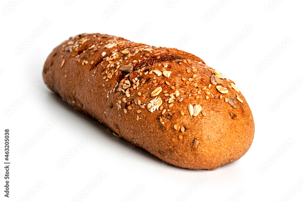 A loaf of rye flour with bran isolated on a white background.