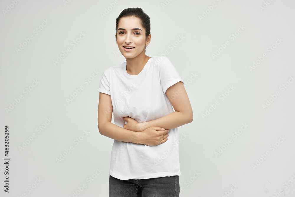 woman with abdominal pain diarrhea health problems light background woman with abdominal pain diarrhea health problems light background