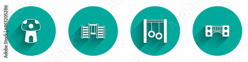 Set Mushroom house, Swedish wall, Gymnastic rings and Playground kids bridge icon with long shadow. Vector