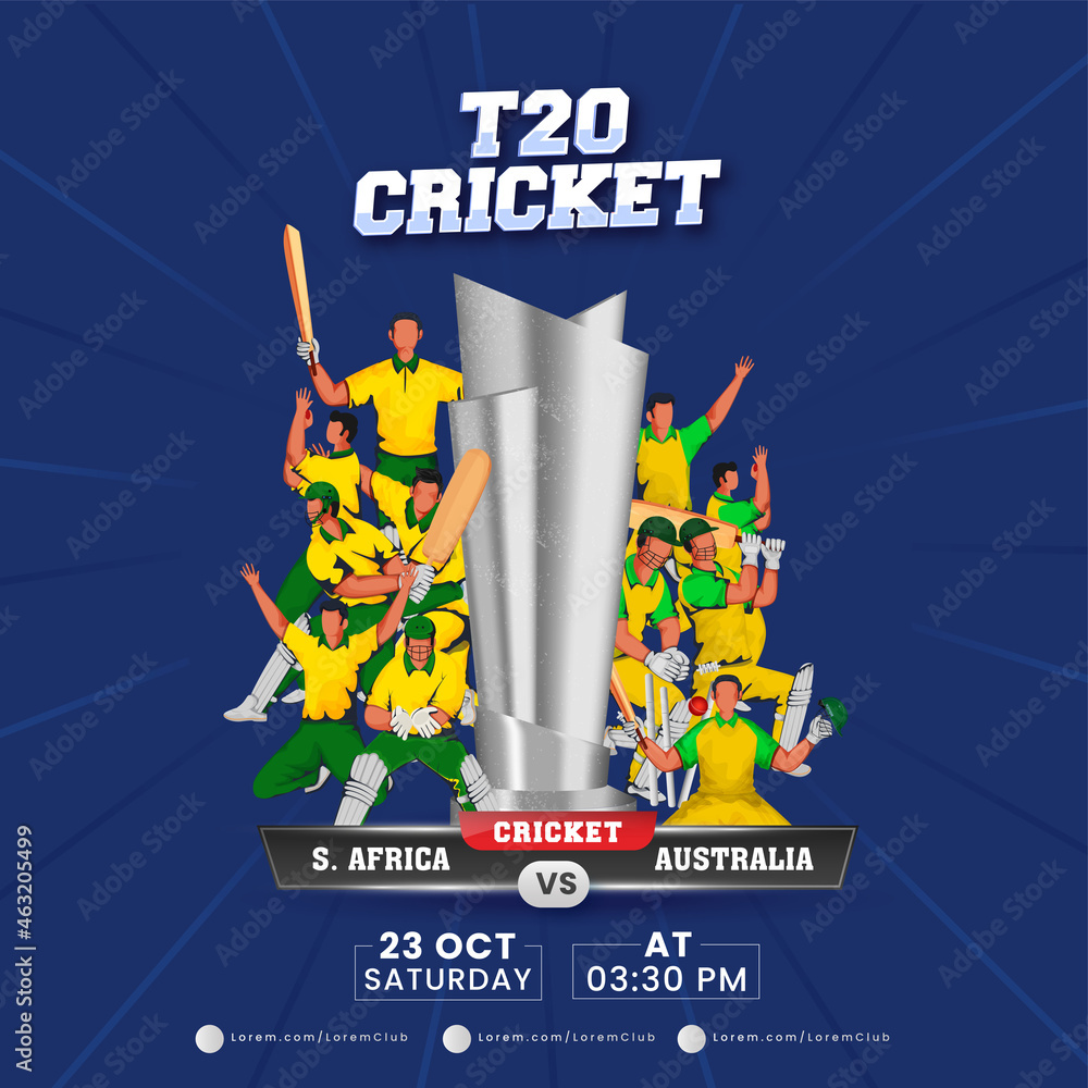 T20 Cricket Match Between Africa VS Australia And 3D Silver Trophy Cup On Blue Rays Background. - obrazy, fototapety, plakaty 