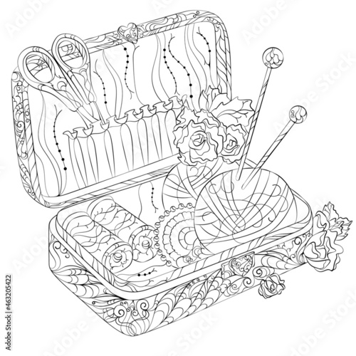 Coloring image of a craft box with a pattern and flowers. A ball of yarn and knitting needles with an ornament. Tailor's scissors in a box