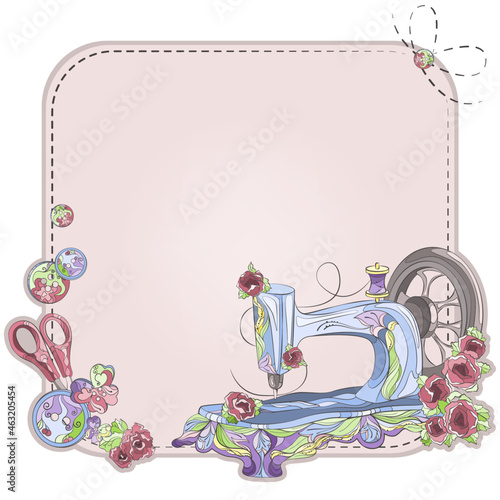 Sewing and needlework border. Retro sewing machine with floral ornament on pink background. Old fashiond theme label