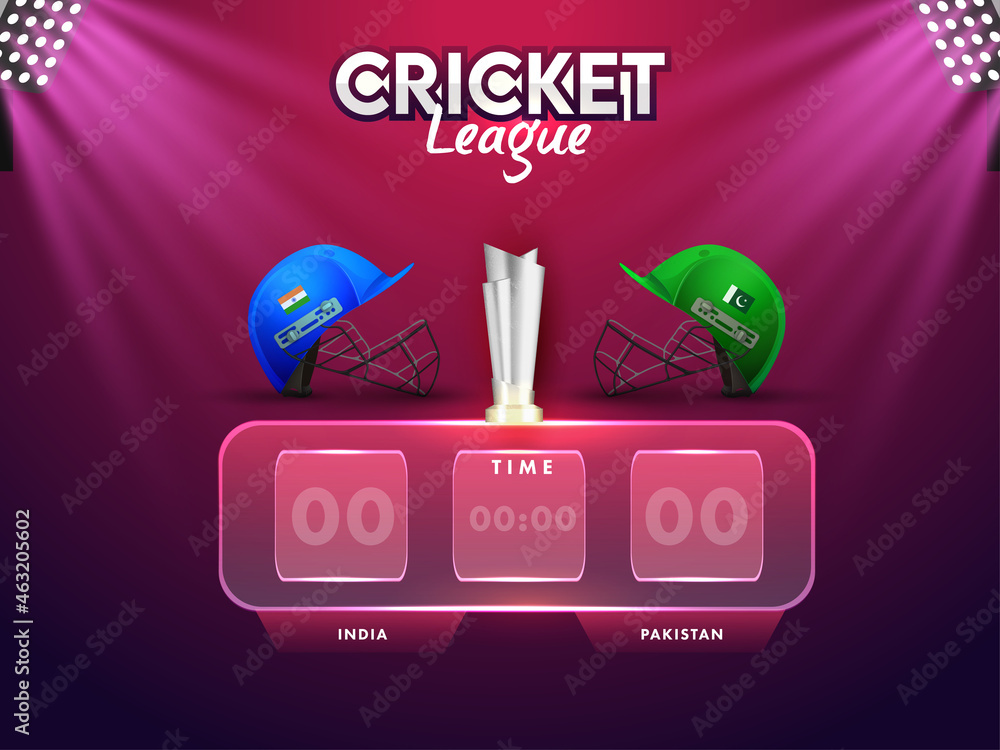 Cricket Digital Scoreboard Of Participating Team India VS Pakistan With 3D Silver Winning Trophy And Stadium Lights On Pink And Purple Background. - obrazy, fototapety, plakaty 