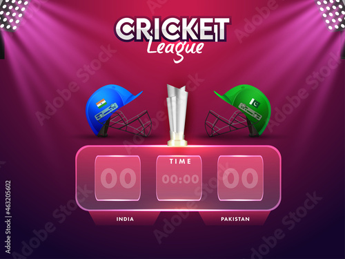 Cricket Digital Scoreboard Of Participating Team India VS Pakistan With 3D Silver Winning Trophy And Stadium Lights On Pink And Purple Background.