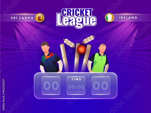 Cricket Digital Scoreboard Of Participating Team Sri Lanka VS Ireland With Faceless Players And 3D Ball Hits Wicket Stumps On Gradient Purple And Blue Stadium View.
